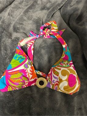 Trina Turk Multicolor Paisley Halter Bikini Top with Gold Ring Accent